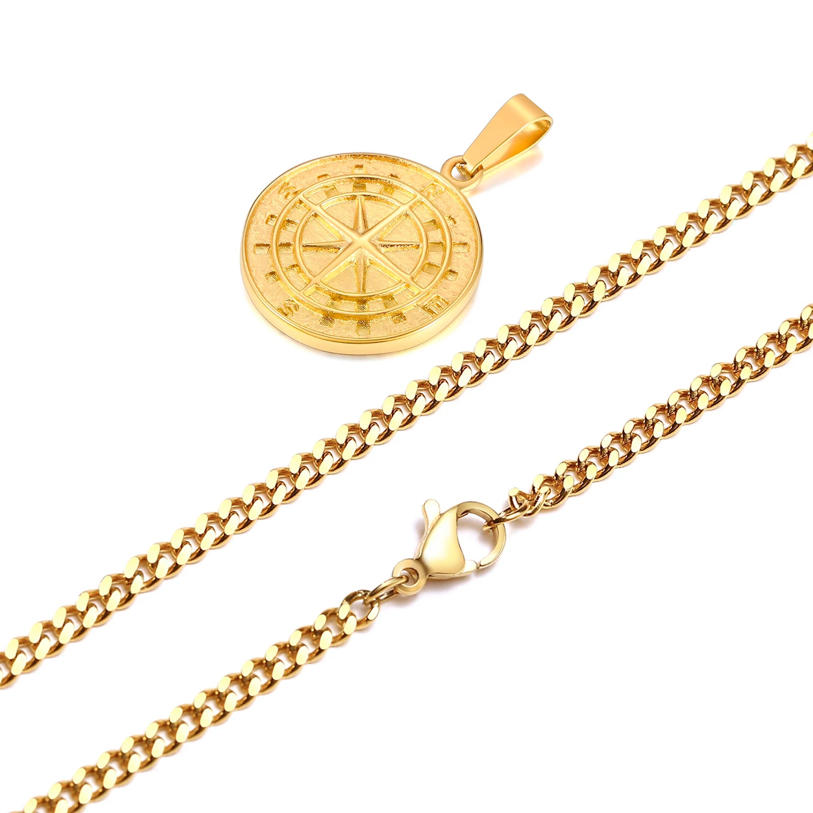 Gold Color Mens Compass Necklace (50cm)
