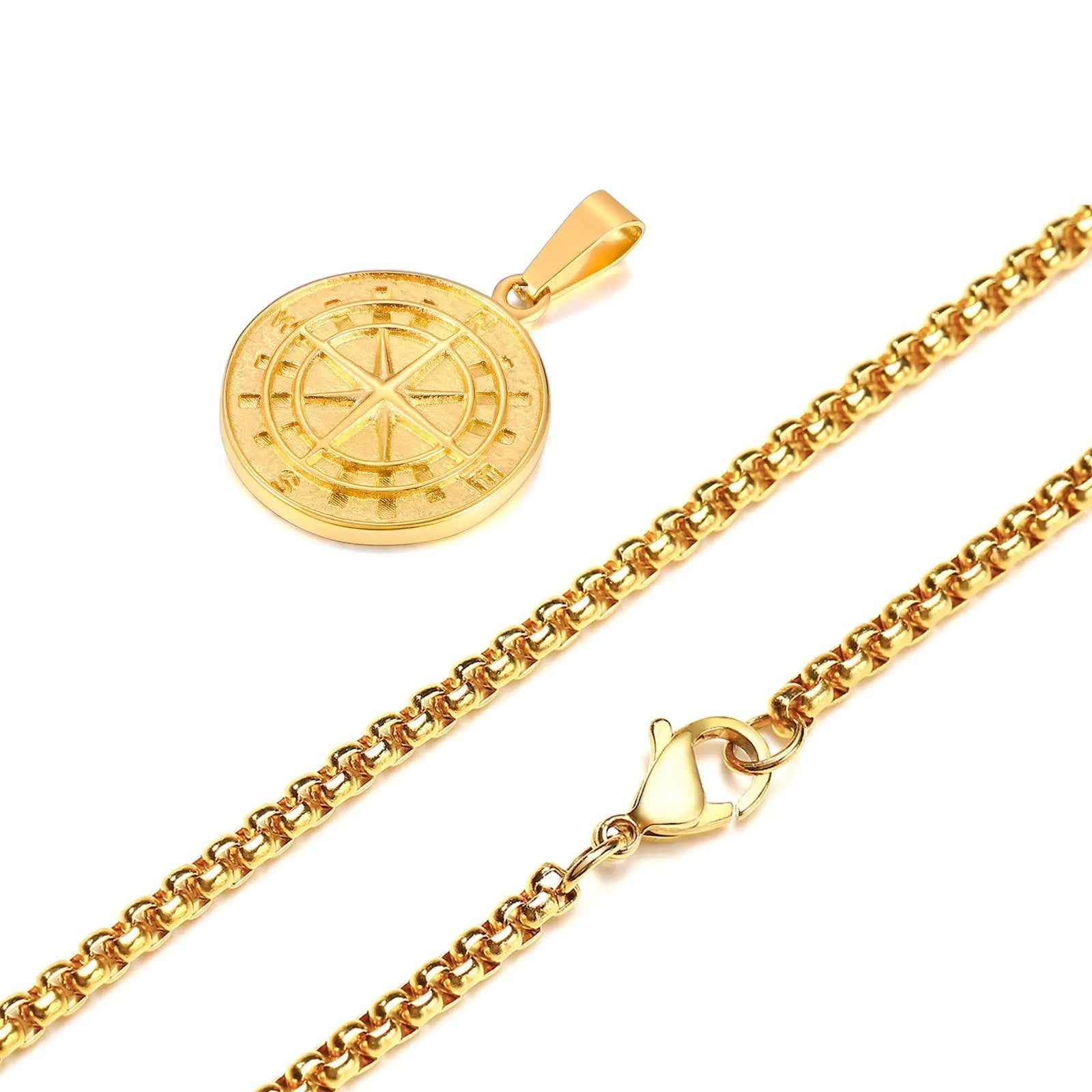 Gold Color Mens Compass Necklace (50cm)