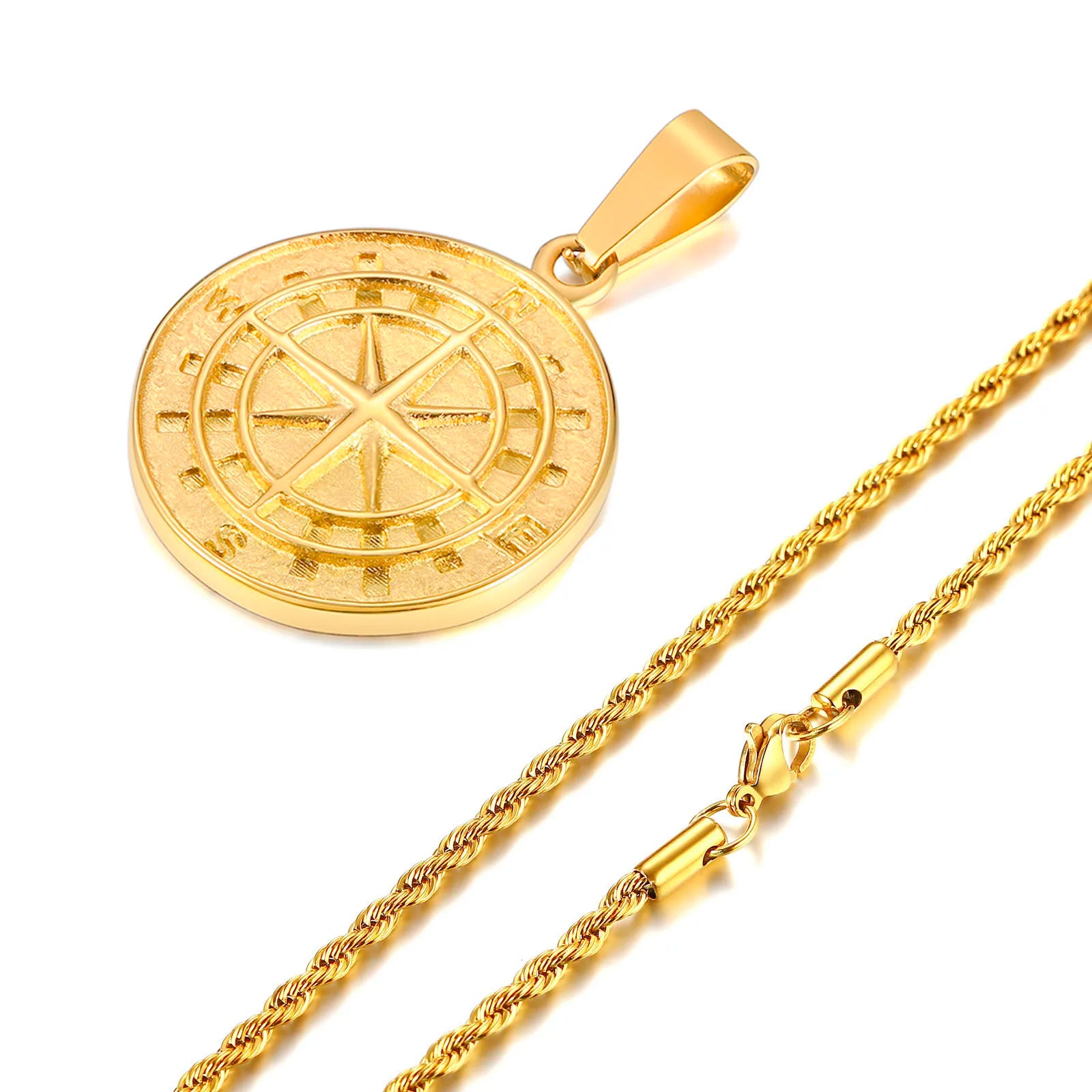Gold Color Mens Compass Necklace (50cm)